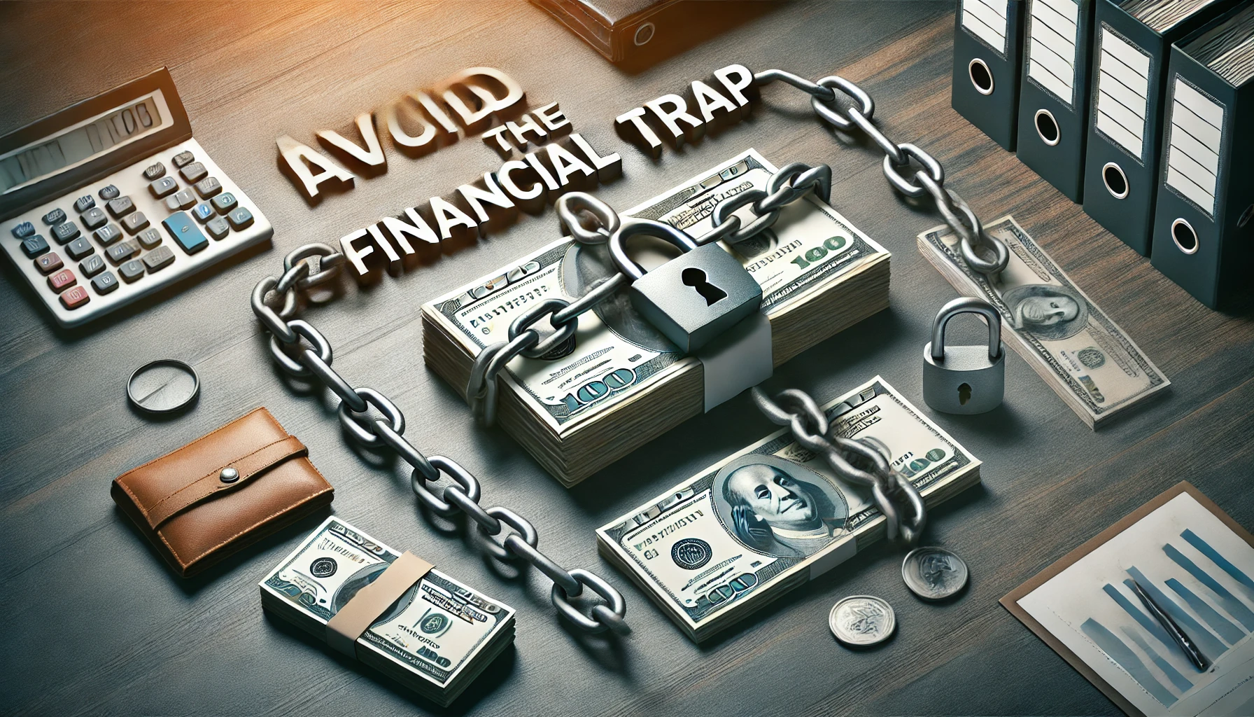 DALL·E 2024-10-01 07.23.38 - A professional business-themed image featuring a financial trap, represented by a large chain or lock constricting around a stack of cash or small bus