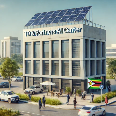 DALL·E 2024-10-07 10.31.17 - A realistic depiction of a Zimbabwean business setting featuring the 'TD & PARTNERS AI CENTER' building prominently. The building has a solar panel ar