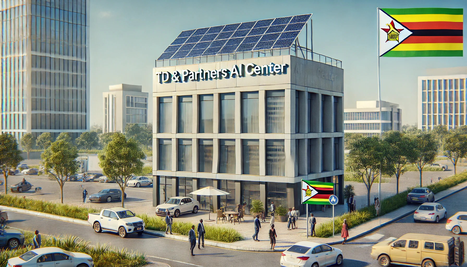 DALL·E 2024-10-07 10.31.17 - A realistic depiction of a Zimbabwean business setting featuring the 'TD & PARTNERS AI CENTER' building prominently. The building has a solar panel ar